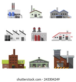 Factory power electricity industry manufactory buildings flat decorative icons set isolated vector illustration - Shutterstock ID 243304249