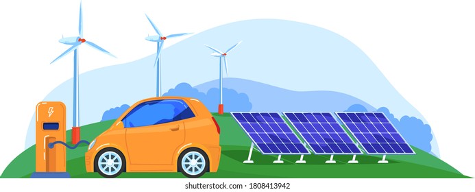 Factory power, green energy, electric filling station, new technologies, design cartoon vector illustration, isolated on white. Alternative solar energy, environmental protection, healthy environment.