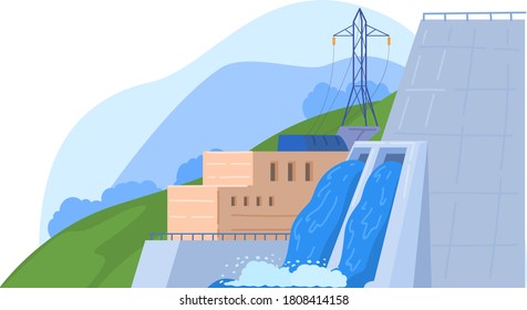 Factory power, hydroelectric energy station generates electricity with generator, cartoon vector illustration, isolated on white. energy production technology, dam retains water, clean environment.