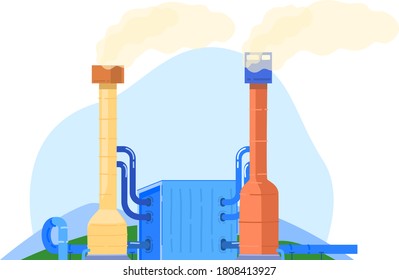 Factory power, industry pollution environment, oil refinery, design cartoon style vector illustration, isolated on white. Technology production equipment, smoke comes chimneys near factory buildings.