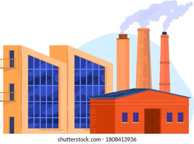 Factory power, industry pollution environment, oil refinery, design cartoon style vector illustration, isolated on white. Technology production equipment, smoke comes chimneys near factory buildings.