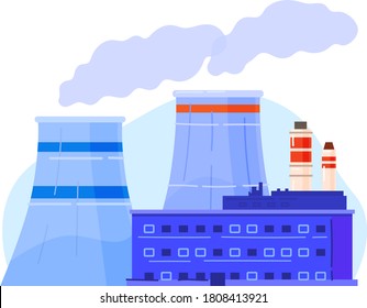 Factory power, nuclear energy for industry, environment, nuclear power, design cartoon vector illustration, isolated on white. Radioactive fuel pollution, reactor cooling, steam rises above pipes.