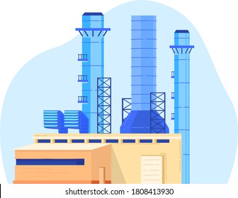 Factory power, nuclear energy for industry, environment, nuclear power, design cartoon vector illustration, isolated on white. Radioactive fuel pollution, reactor cooling, steam rises above pipes.