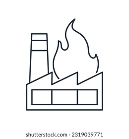 Factory or power plant and fire flames. Technogenic accident, destruction. Vector linear icon isolated on white background.