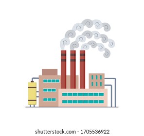 Diseño plano de fábrica o planta de energía de ilustración vectorial. Fabricante o central nuclear. Construcción de grandes plantas o fábricas con humo de pipa