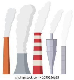 Factory or power plants pipes set pollute the air. Smoke from the pipes. Vector illustration in flat style design isolated on white background