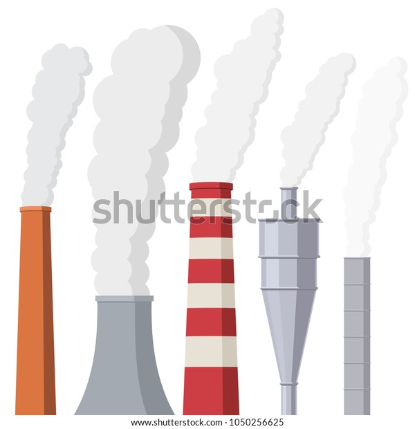 Factory or power plants pipes set pollute the\
air. Smoke from the pipes. Vector illustration in flat style design\
isolated on white\
background