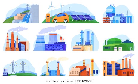 Factory power plants set of industrial constructions, urban enviroment, manufacturing stations isolated vector illustration. Factory buildings with pipes, wind and electricity power, industry