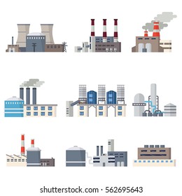 Iconos de fábrica y de estación de energía ajustados en estilo plano. Elementos del paisaje urbano.