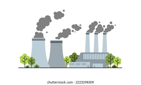 Factory power station produce greenhouse gas clouds. CO2 carbon fumes emission, global warming, climate change concept. Zero carbon footprint, greenhouse effect. Flat vector illustration.