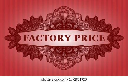 Factory Price text inside Linear currency red color emblem. Bars delicate background. Vector illustration. 