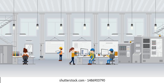 Factory in process with workers working flat design vector illustration