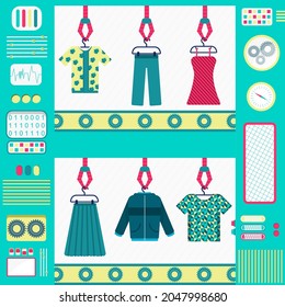 Factory producing clothes. Colorful and cute clothes factory with machines, conveyor and gripper. Flat design.