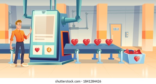 Fabricante de corazones, ingeniero personaje masculino con soporte de llave en cinta transportadora con pantalla táctil enorme y línea de procesamiento. Tecnología de manufactura de amor o similar, ilustración vectorial de dibujos animados