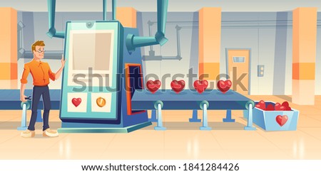 Factory producing hearts, engineer male character with wrench stand at conveyor belt with huge touch screen and processing line. Love or like manufacturing technology, Cartoon vector illustration