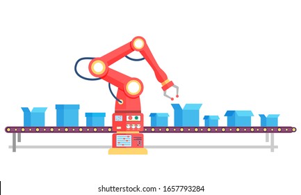 Factory product line workplace with crane electronic equipment and packages on way. Steel manufacturing construction sorting containers isolated on white. Transportation tool with boxes vector