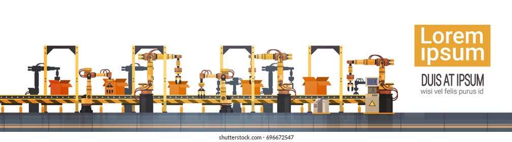 Factory Production Conveyor Automatic Assembly Line Machinery Industrial Automation Industry Concept Flat Vector Illustration