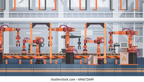 Factory Production Conveyor Automatic Assembly Line Machinery Industrial Automation Industry Concept Flat Vector Illustration