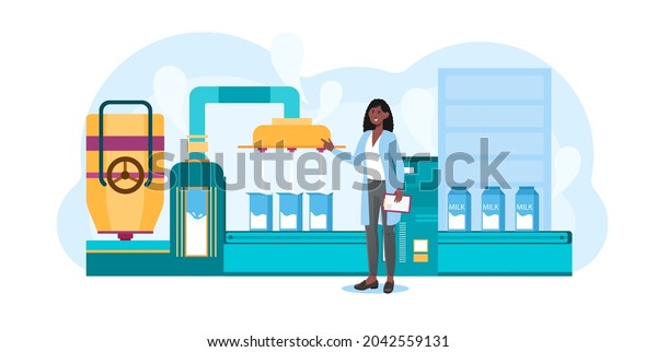 Factory for production of dairy concept. Woman\
controls quality of pasteurized milk in packages on conveyor.\
Automated production. Cartoon flat vector illustration isolated on\
white background