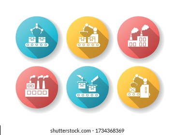 Factory production flat design long shadow glyph icons set. Plant conveyor belt with cardboard boxes. Facility manufacture process. Merchandise package. Silhouette RGB color illustration