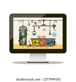 Factory Production Line on PC Computer Screen