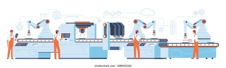 Factory production line people. Conveyor and assembly workers. Automated electronic equipment. Industrial process controller. Manufacturing technology. Plant equipment. Vector concept