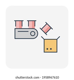 Factory production line vector icon. Industrial process consist of conveyor belt machine, can product and cardboard box packaging. Automatic system for manufacturing, distribution and shipping.