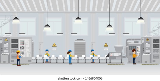 Factory production line with worker work with machine and conveyor belt flat design vector illustration