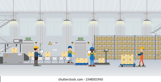 Factory Production Line With Worker Work With Machine And Conveyor Belt Flat Design Vector Illustration