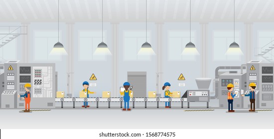 Factory production line with worker work with machine and conveyor belt flat design vector illustration