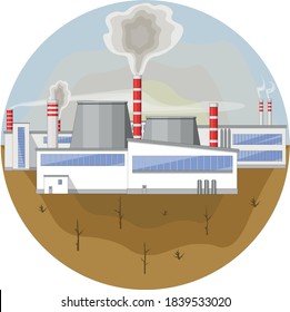 Factory, production. Nuclear power plant. The factory's pipes are Smoking. Dirty air. Pollution of nature. Environmental protection.