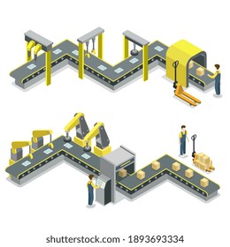 Factory Production And Packaging Line With Conveyor Belt. Manufacturing Process And Industrial Machinery Technology. Industry Isometric Vector Illustration