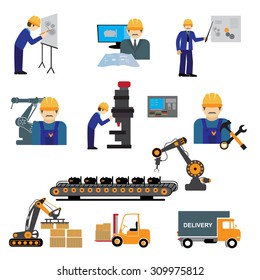 Factory production process of design manufacture assembly test deliver infographic vector illustration