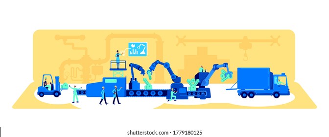 Factory production process flat concept vector illustration. Machinery automation. Manufacturing workforce 2D cartoon characters for web design. Conveyor belt workflow creative idea