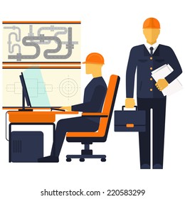 Factory production process manufacture design production assembly control delivery service call. Engineer sitting on chair table in front computer monitor and shining screen cartoon flat design style