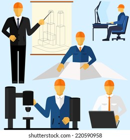 Factory production process manufacture design production assembly control delivery service call. Engineer sitting on chair table in front of computer monitor shining screen cartoon flat design style