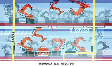Factory Production Smart Conveyor, Robotic Assembly Line Industrial Automation Industry Flat Vector Illustration
