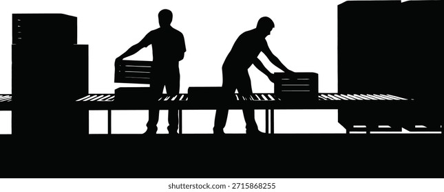 Factory production team silhouette vector illustration featuring workers on manufacturing line.