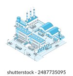 Factory and production warehouses - vector isometric illustration. Industrial area of the city, electricity, manufacturing, logistics and loading of goods, trucks and highways and city traffic