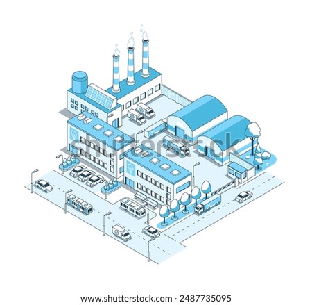 Factory and production warehouses - vector isometric illustration. Industrial area of the city, electricity, manufacturing, logistics and loading of goods, trucks and highways and city traffic