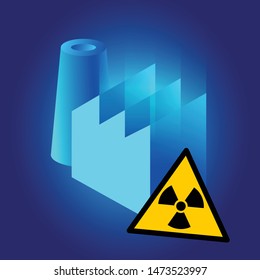 Factory with radiation sign. Vector isometric factory building with pipe. Radioactive.