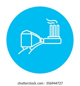 Factory with railway line icon for web, mobile and infographics. Vector white icon on the light blue circle isolated on white background.