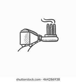 Fábrica con icono de esbozo del vector ferroviario aislado en el fondo. Fábrica dibujada a mano con el icono del ferrocarril. Fábrica con icono de boceto ferroviario para infografía, sitio web o aplicación.