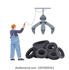 Factory recycling and sorting of garbage, isolated worker in uniform working with car rubber tyres. Ecological awareness and care for nature, converting waste into reusable material. Vector in flat 