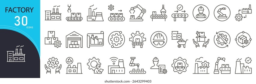 Colecciones de iconos relacionados con la fábrica. Conteniendo industria, edificio, producción, máquina, fabricación, engranaje, montaje, automatización, almacén, iconos de poder. Iconos de contorno.