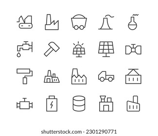 factory related icon set. Editable stroke. Pixel Perfect 24x24px icons