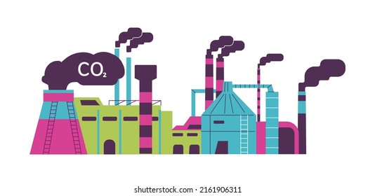 Factory releases smoke and pollutes the environment flat style, vector illustration isolated on white background. Carbon footprint, air emissions, ecological concept