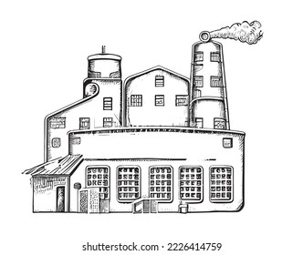 Factory retro brewery simple hand drawn sketch engraving style vector illustration.