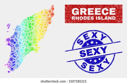 Factory Rhodes Island map and blue Sexy grunge stamp. Spectrum gradiented vector Rhodes Island map mosaic of production. Blue round Sexy stamp.