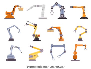 Robots de fábrica, manipuladores y grúas para la industria de fabricación. Herramienta de control mecánico plano, equipo de tecnología de automatización conjunto de vectores. Mano de maquinaria de producción, cargador innovador